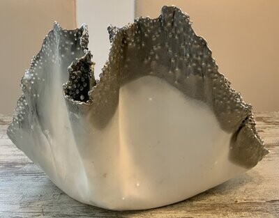 White Metallic Grey & Silver Handmade Resin Centrepiece sculpture bowl with real shells inside and edged in crystal gems and metallic silver
