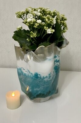 Handmade resin plant pot holder or candle holder in tourquoise , laced white waves and pale gold edge in Metallic gold pen