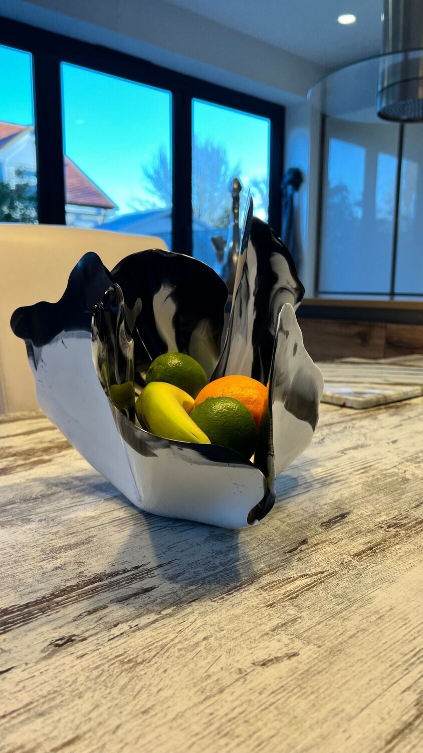 Handmade sculpture resin bowl Black and white funky fruit or candle holder
