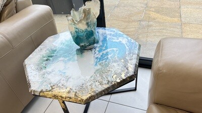 Sea and sand octagon hardwood covered resin table with black metal legs