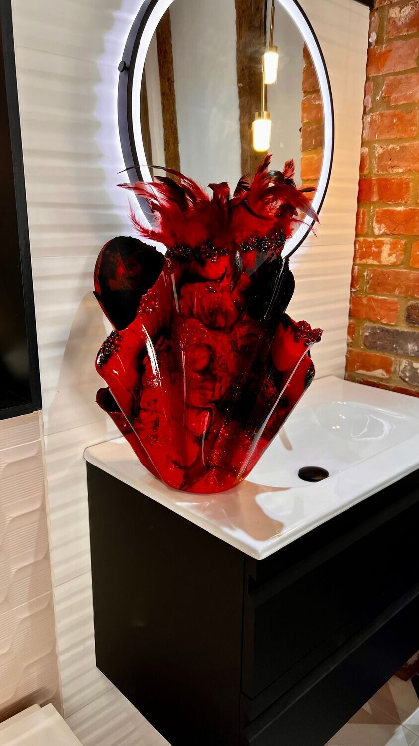 Giant Handmade Black, Red, feathers and Gems tall vase/sculpture bowl