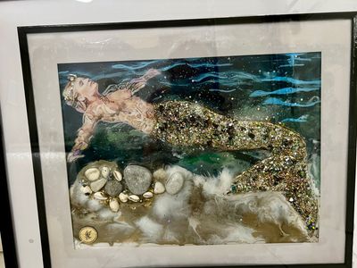 Wall Art - Handcrafted Mermaid pop photo framed. Jewelled mermaid tail and real stones and shells.
