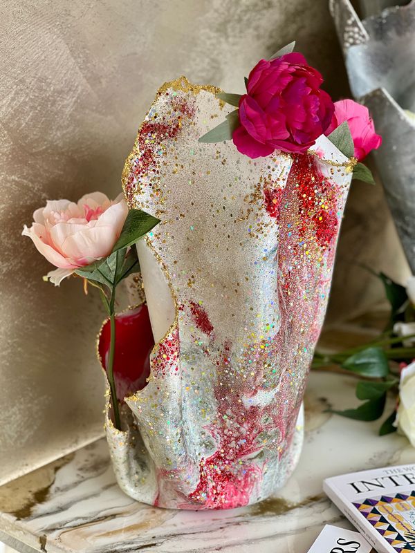 Handmade Resin Large tall pink, reds, glitter vase/wine holder