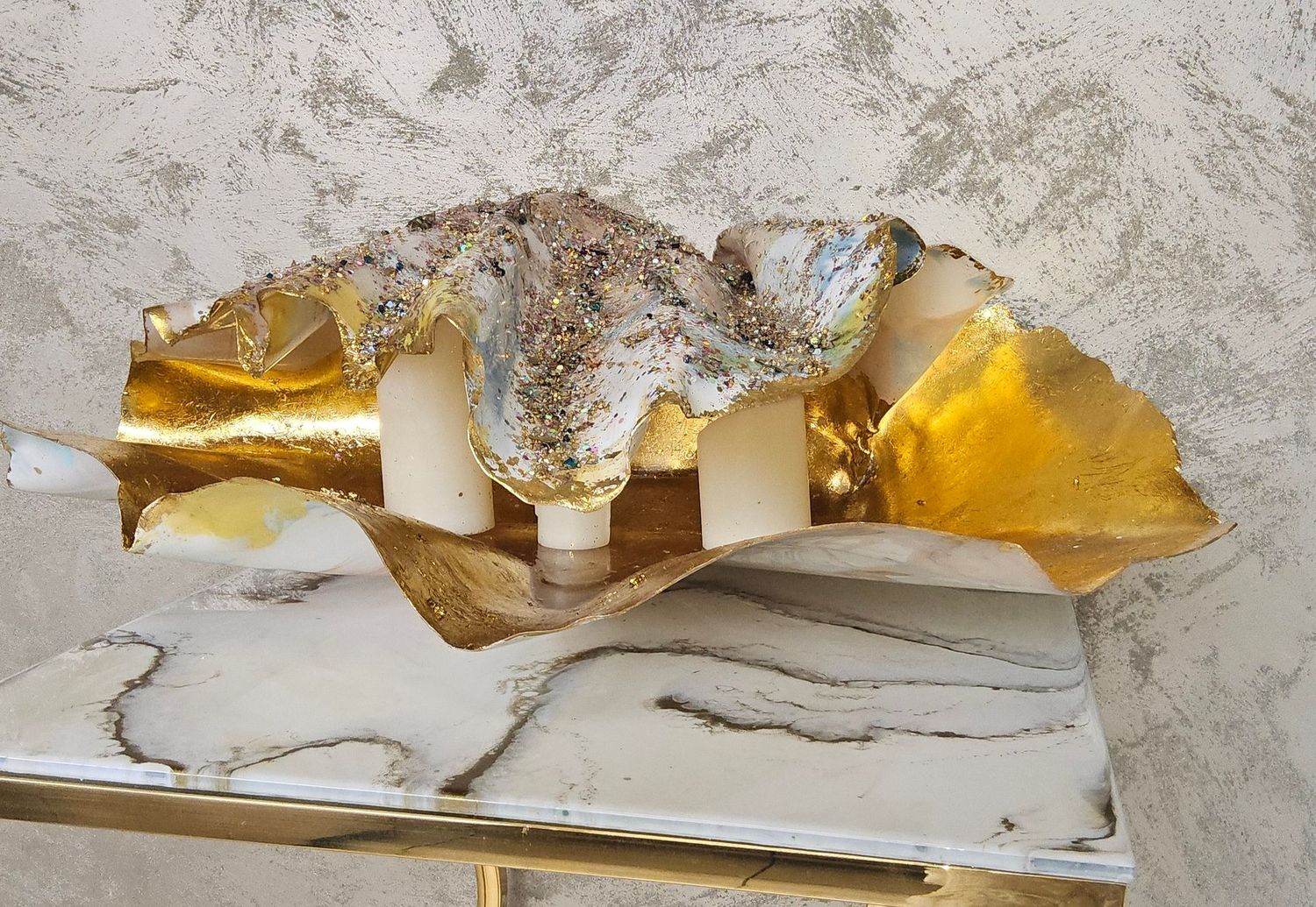 Giant handmade sculptured Resin Clam Shell With Gold Leave and heavily jewelled in various colours