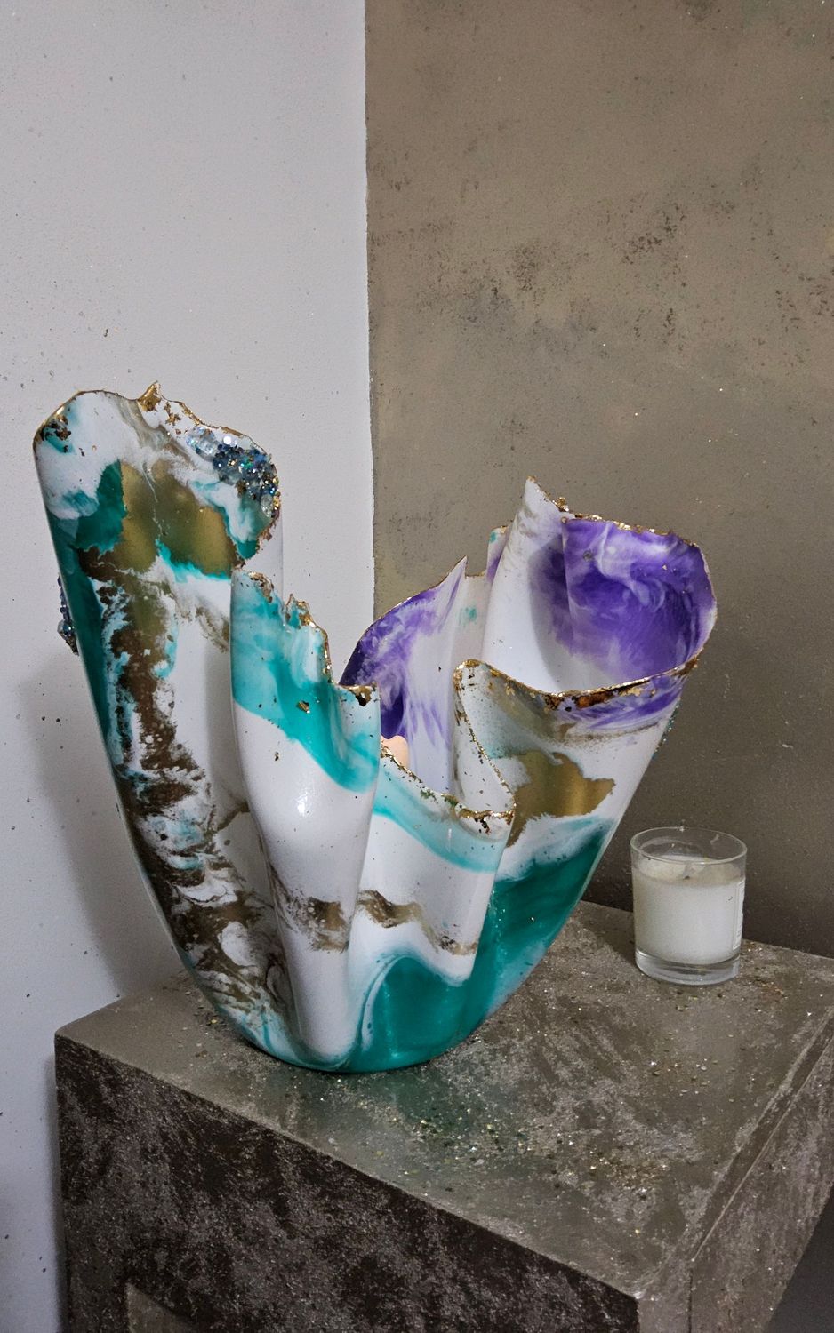 Tall handmade turquoise purple white gemmed candle/vase/flower holder