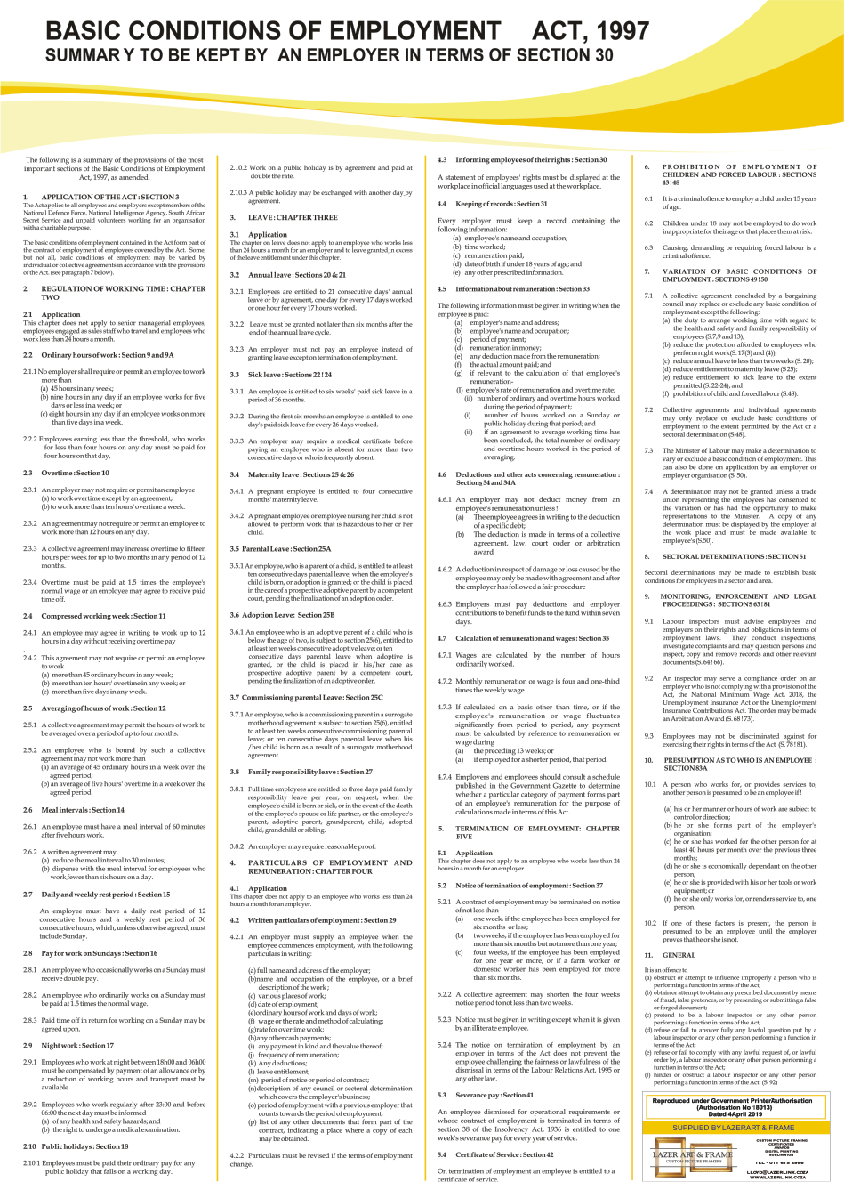 Basic Conditions of Employment Act Labour law Poster/Chart - Summary - 2025 - BCEA