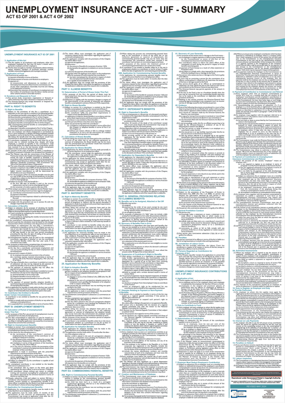 UIF Labour Law Poster/Chart Poster  - 2025 -ACT 63 OF 2001 &amp; ACT 4 OF 2002 -  A1 Laminated