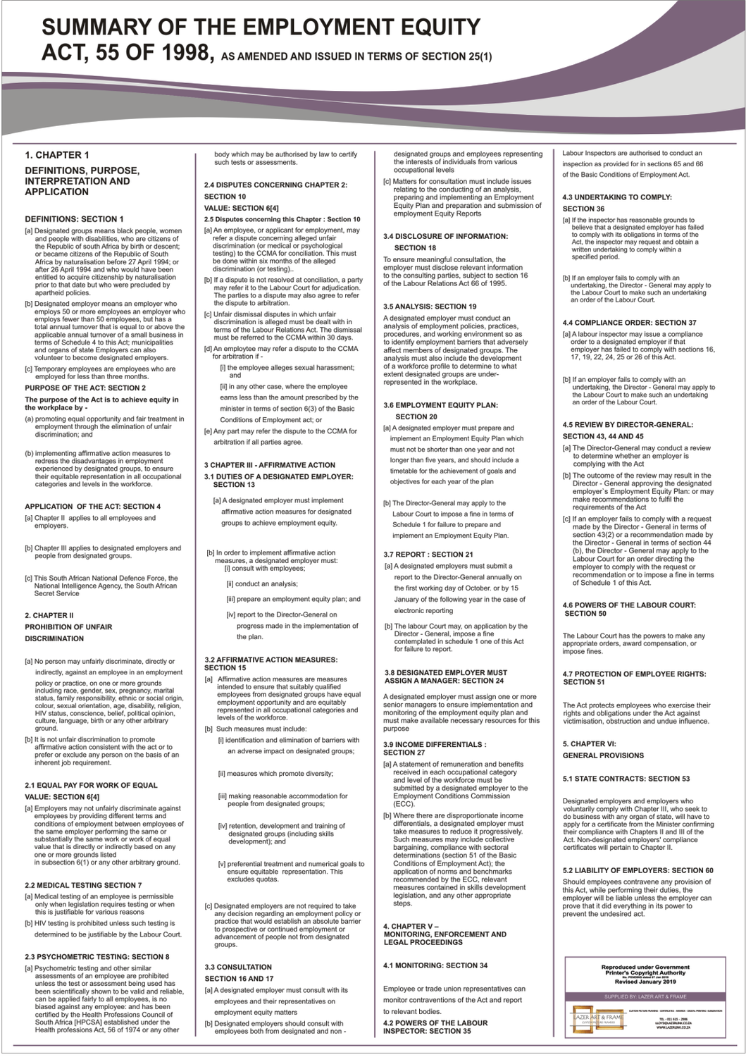 Employment Equity Act Labour Law Poster/Chart A1 - BCEA - 2025 - Summary