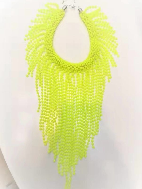 Neon Yellow Beaded Bib Necklace | Statement Fringe Collar | Handcrafted Seed Bead Necklace | Inspired by Trinny Woodall’s Style