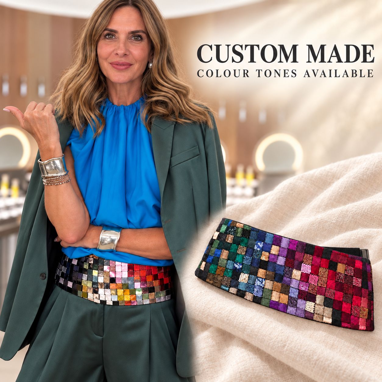 Handmade Embroidered Corset Belt, Multicolour Mosaic Sequin Waist Belt, Wide Statement Belt, custom design, Trinny belt