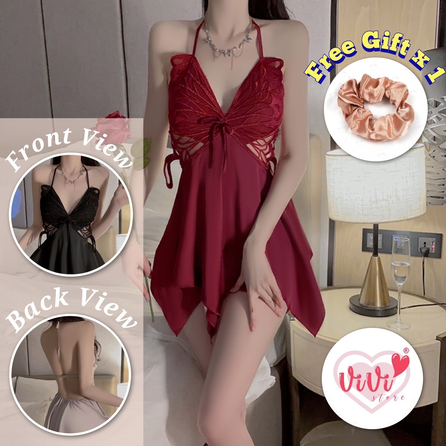 Vivi Sexy Lingerie Butterfly Silk Satin Halter Backless Nightwear Dress Malaysia