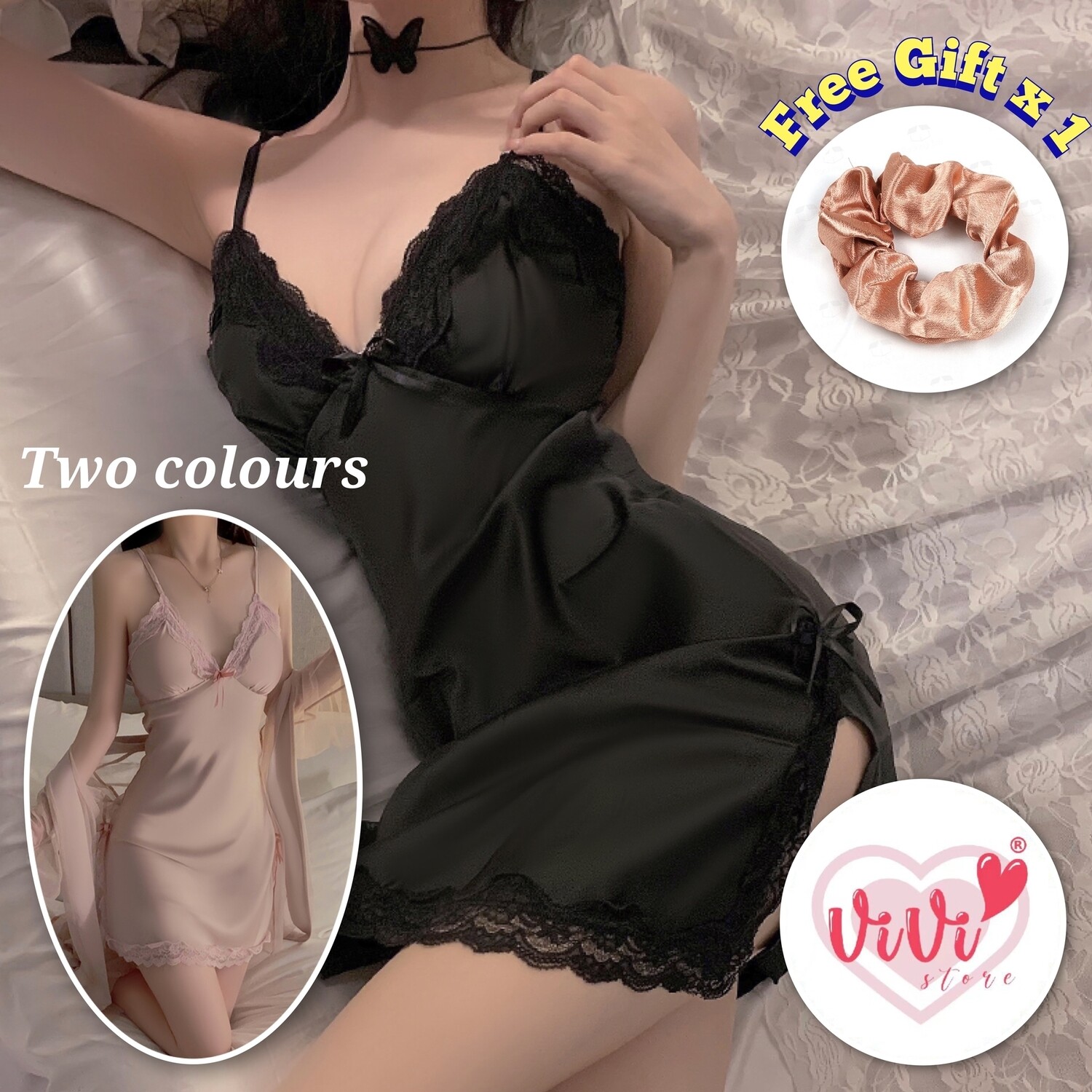 Vivi Sexy Lingerie Deep V Silk Comfortable Summer Nightdress Malaysia