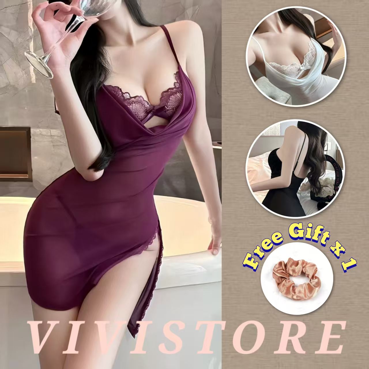 (40kg –70kg) Vivi Night Lingerie Plus Size Side Slit Mesh Nightwear Dress Malaysia