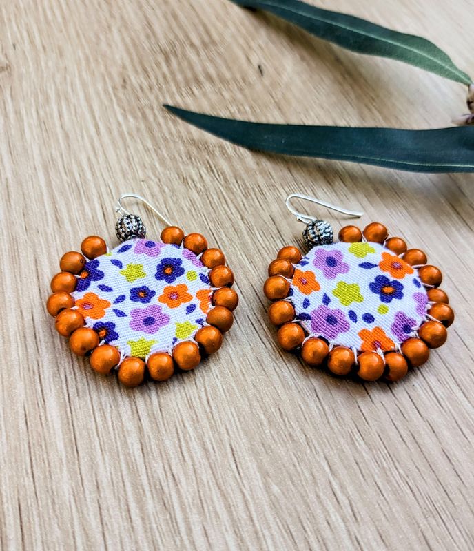 Orange Flowery Upcycled Fabric Earrings
