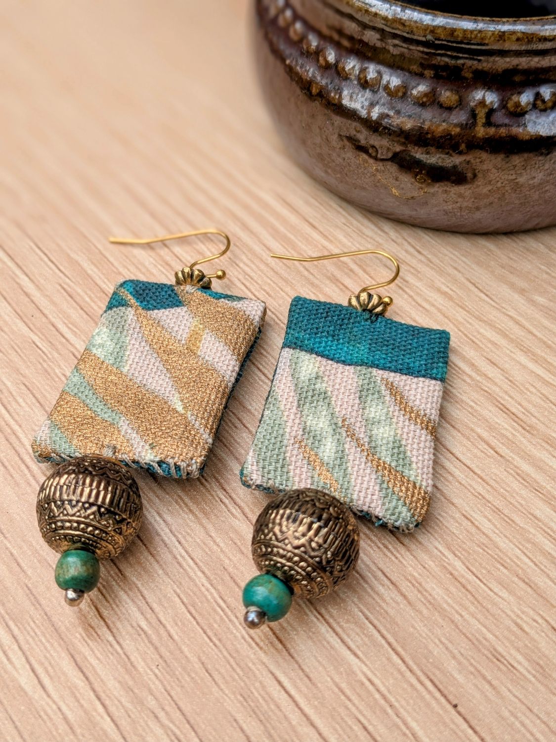 Green and Gold Upcycled Earrings