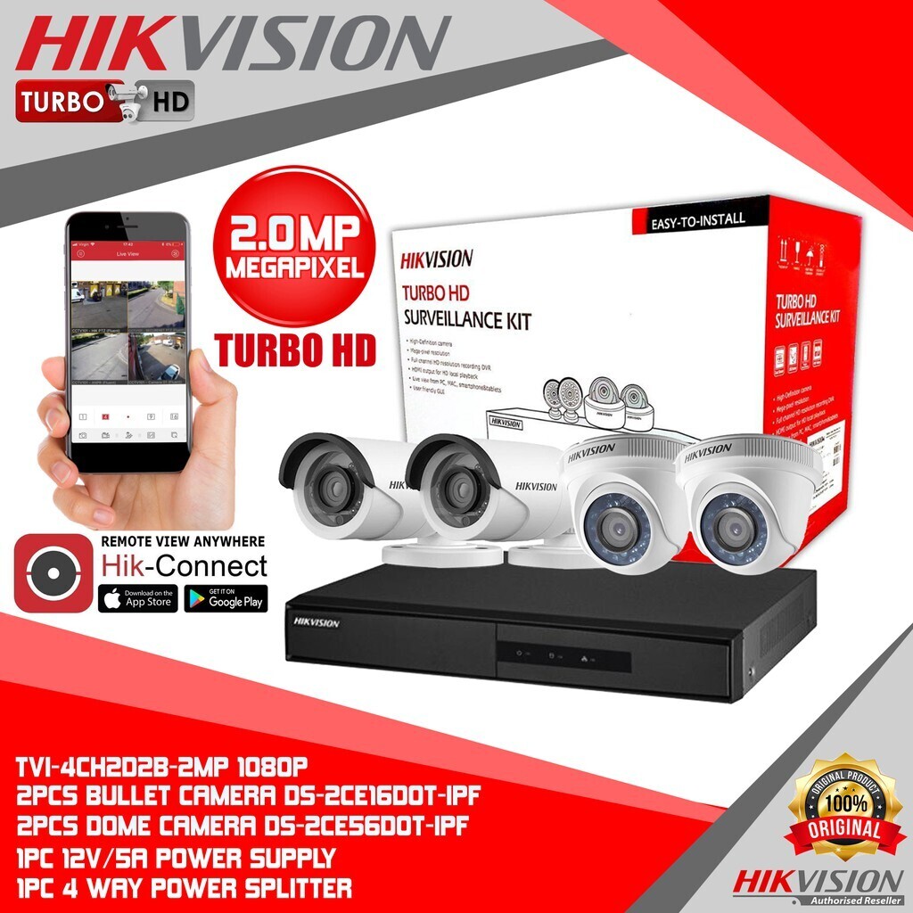 HIKVISION (PACKAGE) TVI-4CH2D2B-2MP ECO 4CHANNEL DVR, 2X DOME, 2X BULLET CAMERA