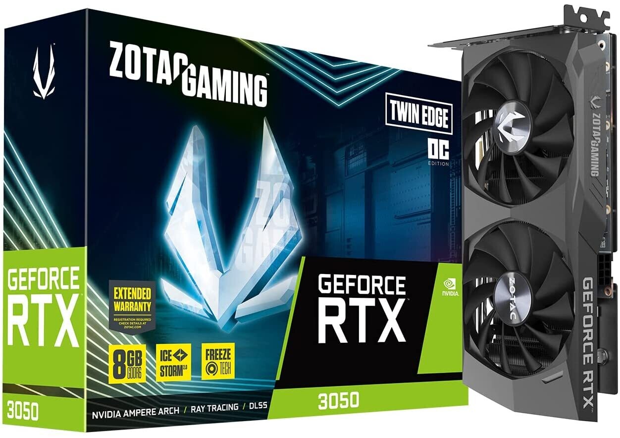 ZOTAC GAMING GeForce RTX 3050 Twin Edge OC 8GB GDDR6 128-bit 14 Gbps PCIE 4.0 Gaming Graphics Card, IceStorm 2.0 Advanced Cooling, FREEZE Fan Stop, Active Fan Control, ZT-A30500H-10M