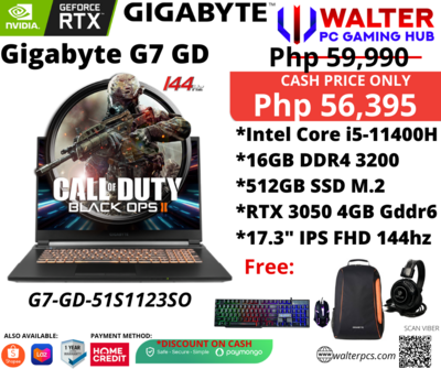 GIGABYTE G7-GD-51S1123SO Intel i5-11400H 8gb*2 17.3" FHD IPS 144Hz 512 SSD RTX 3050 4GB Win11