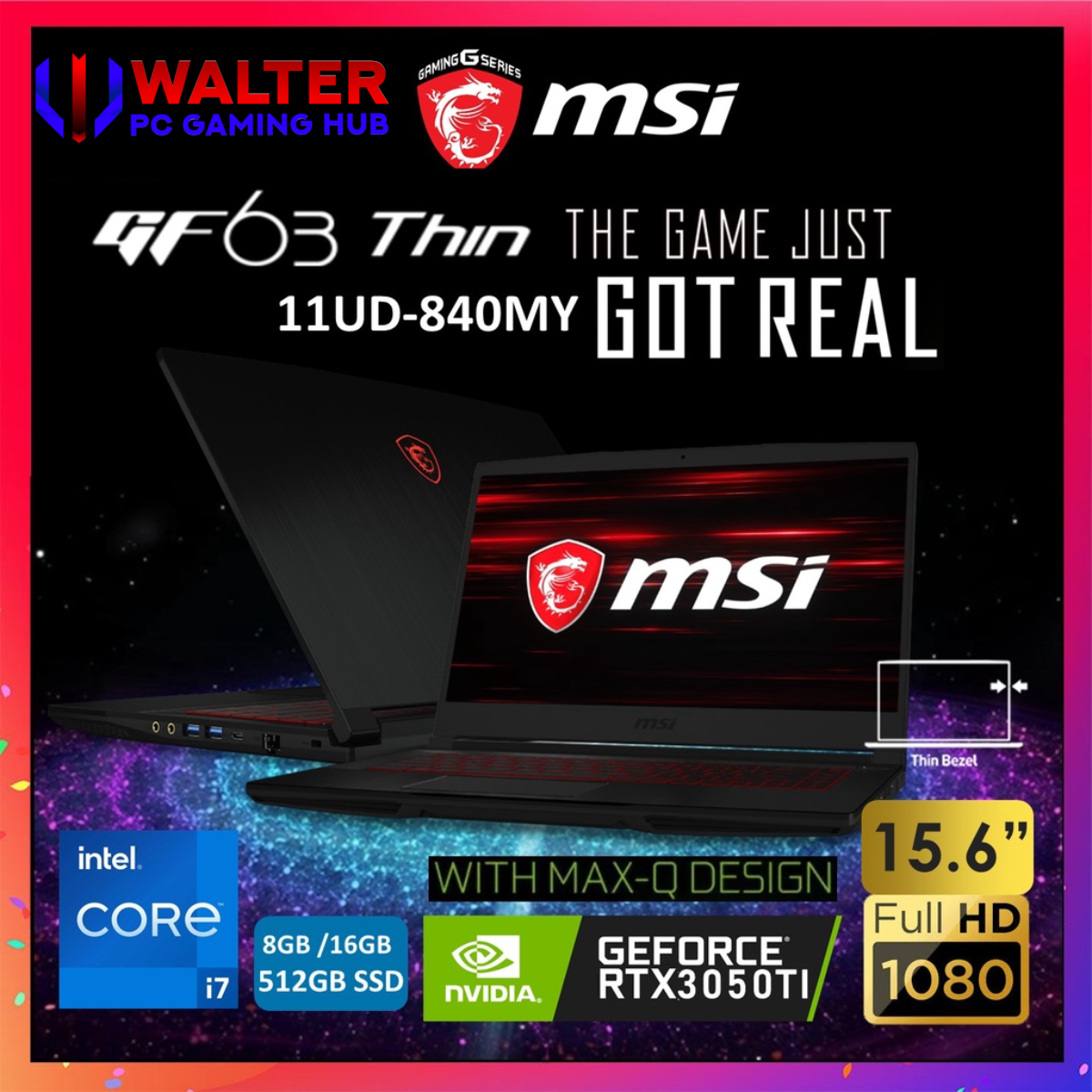 MSI GF63 Thin (GF63 11UC-018PH) Gaming Laptop | Intel i7-11800H (8 cores) | RTX 3050 | 512GB SSD | 8GB RAM | WIN 10 Home