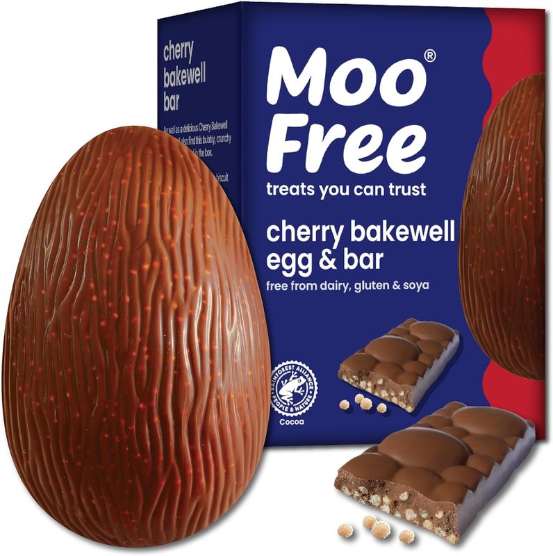 Moo Free Cherry Bakewell Egg and Cherry Bakewell Bar, by Moo Free Moo Free Cherry Bakewell Egg and Cherry Bakewell Bar, by Moo Free