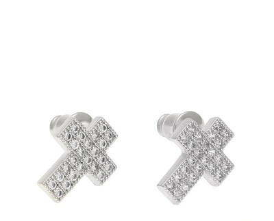 WHITE-GOLD PLATED CZ CROSS HIP HOP STUD EARRING