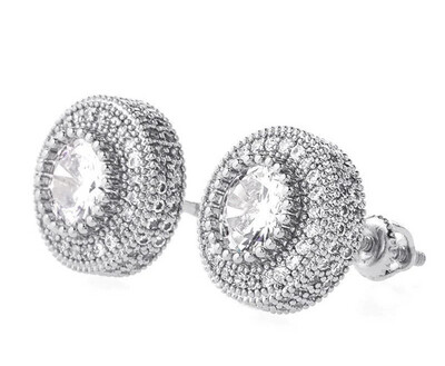 925 STERLING WHITE GOLD-PLATED ICED ROUND SHAPE 12MM HIP HOP EARRINGS