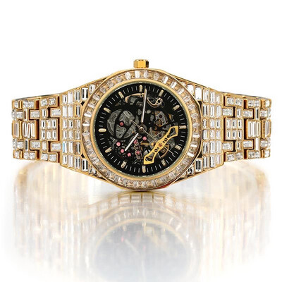 New Men's Mechanical Watch with Baguette Stones in Gold