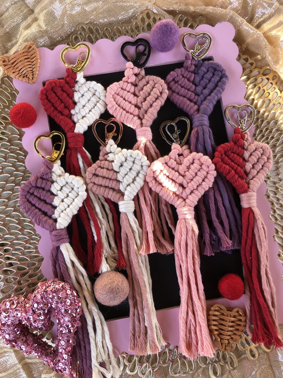 Macrame Heart Keychain/Bag Tag-Rosey Hearts Collection