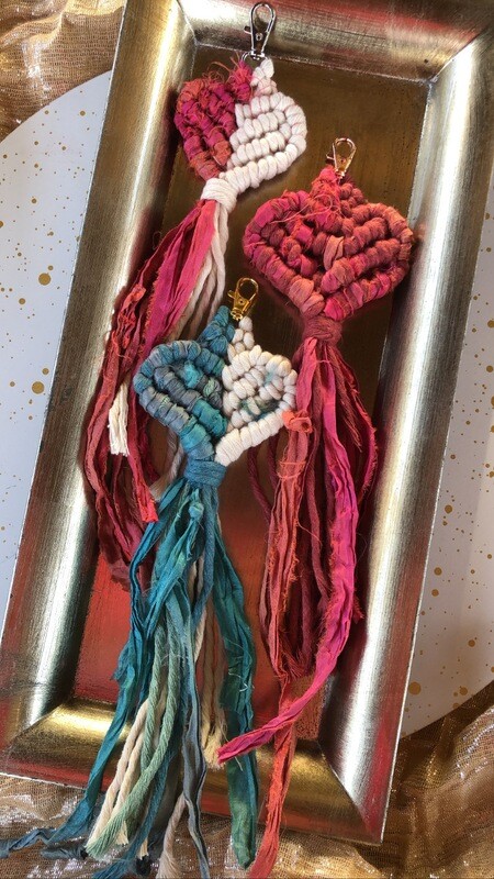 Macrame &amp; Sari Silk Heart Keychains-Luxe Collection
