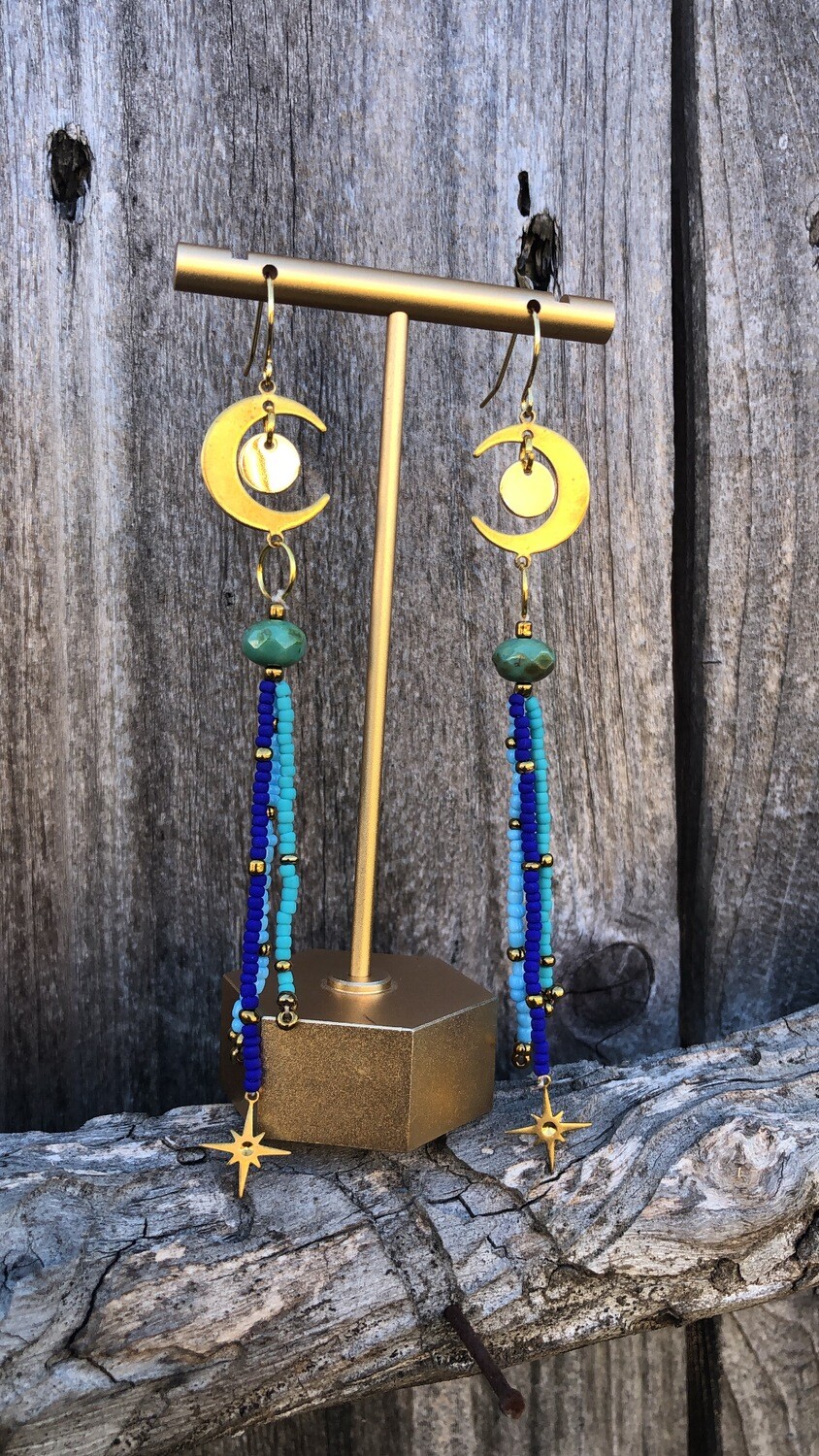 Beaded Moon and Stars Dangle Earrings