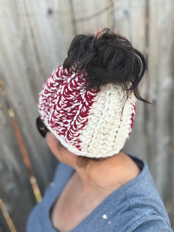 Cranberry Crumble Crocheted Messy Bun Beanie
