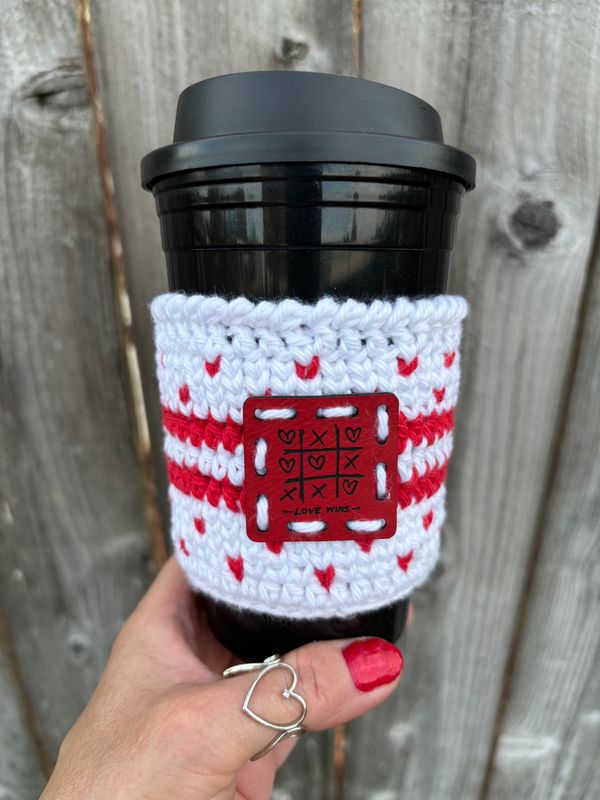 Coffee Cup Cozy-&quot;Love Wins&quot; Tic-tac-Toe hearts logo