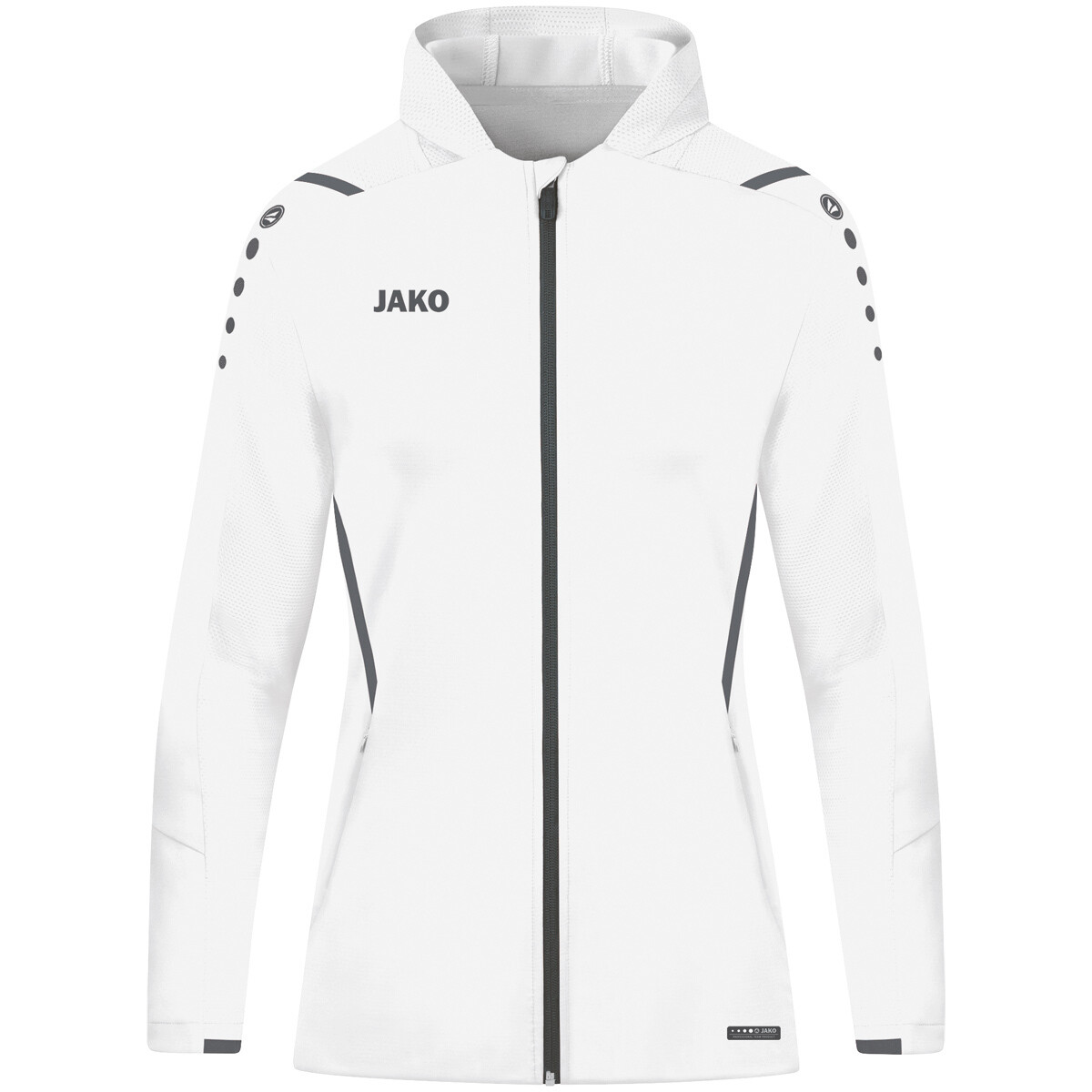 JAKO Trainingsjacke Challenge 6821D mit Kapuze Damen, Farbe: 002 - Weiß / Anthra light