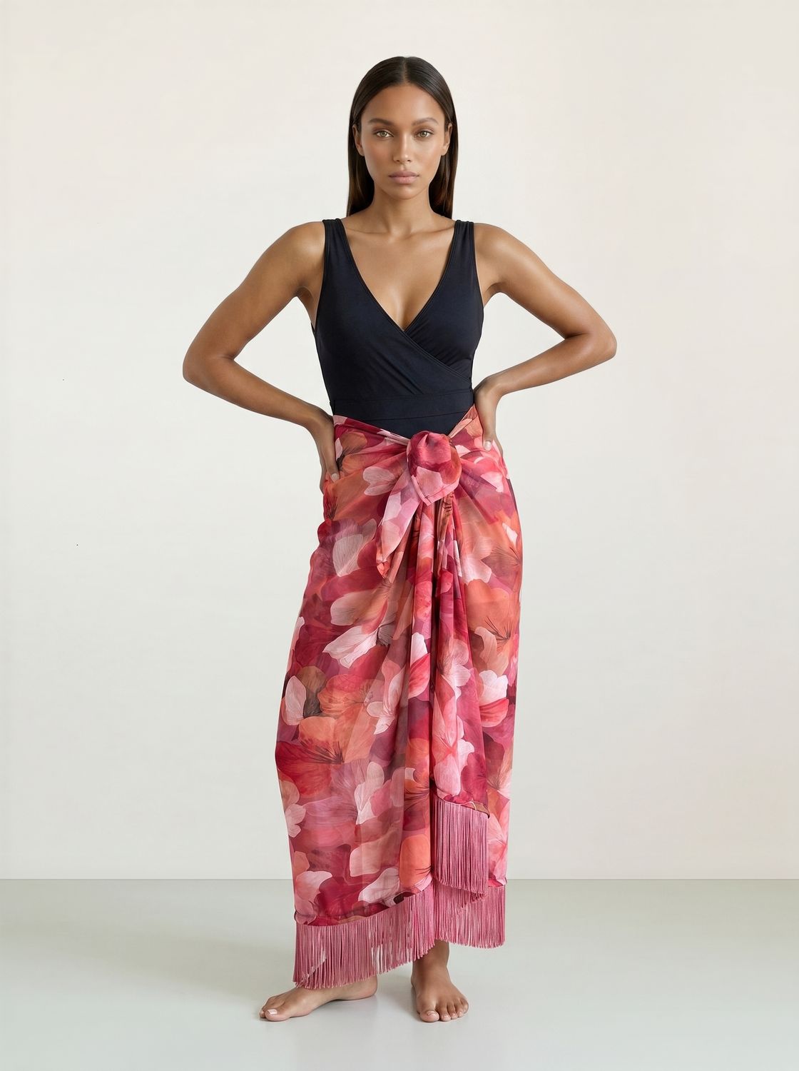ORPHEE- Le Sarong à franges ORPHEE- Le Sarong à franges, Couleur: Fleur corail, Taille: TU