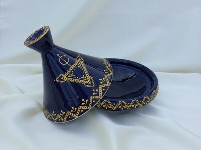Moroccan traditional tagine with berber &quot;tazerzit&quot; sign. For decoration or food service. Hand painted. Blue and gold (5.11 in×4.72 in)