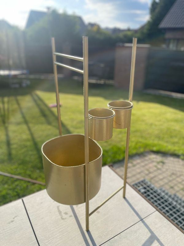 Goldener Pflanzenständer mit integrierten Pflanztöpfen Goldener Pflanzenständer mit integrierten Pflanztöpfen