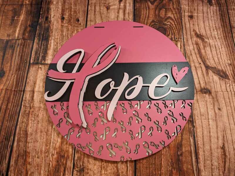 Breast Cancer Awareness Ribbons with Hope and Heart Door Hanger- Finished 16 inch Round