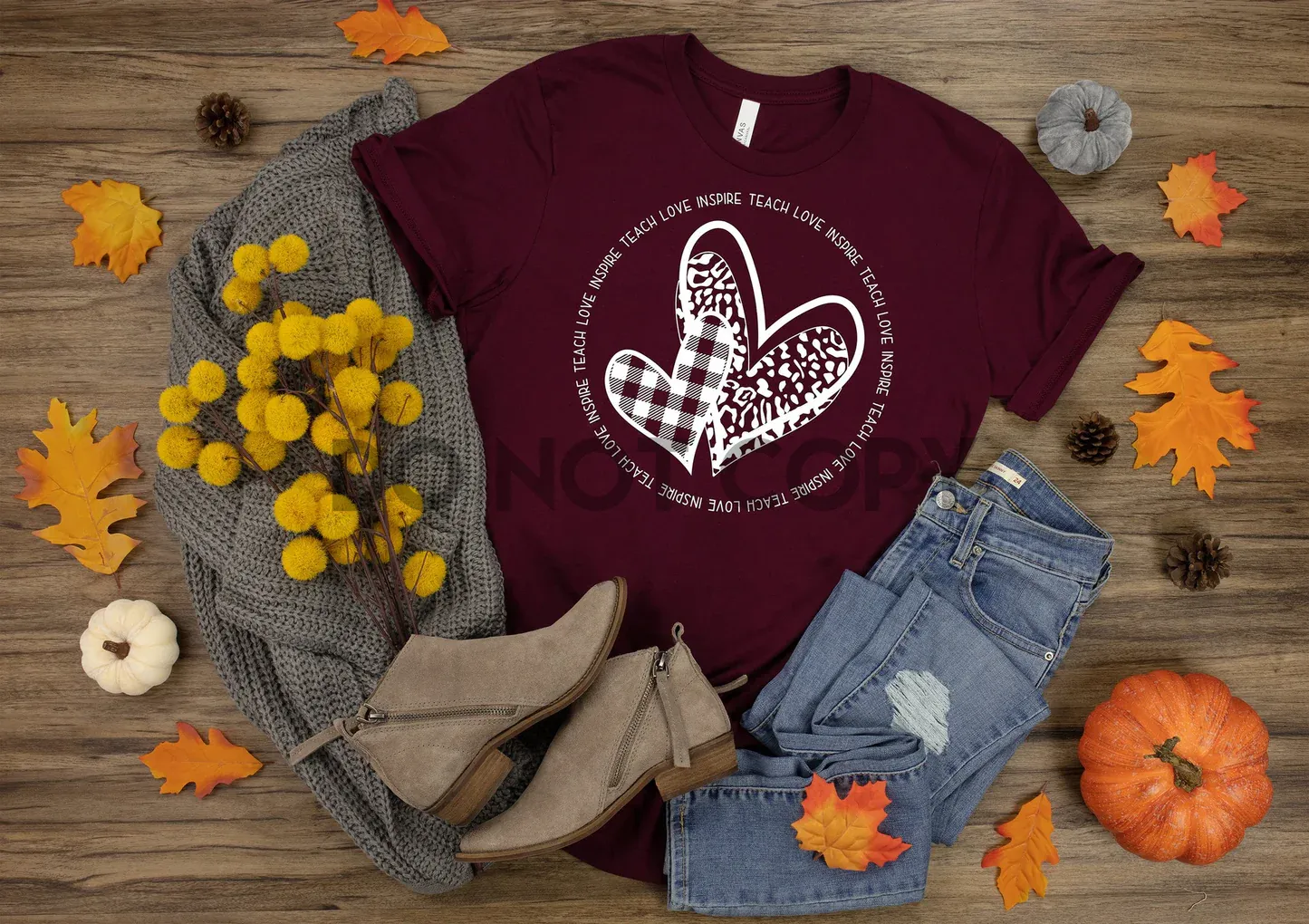 Teach Love Inspire Hearts White Screen Print Transfer