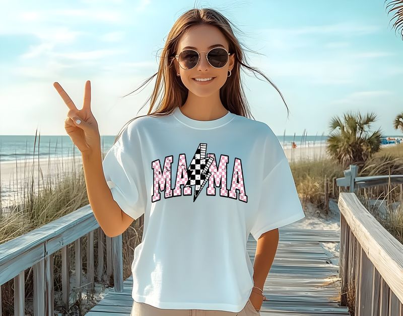 Mama Pink Checkered Lightning Bolt DTF Print