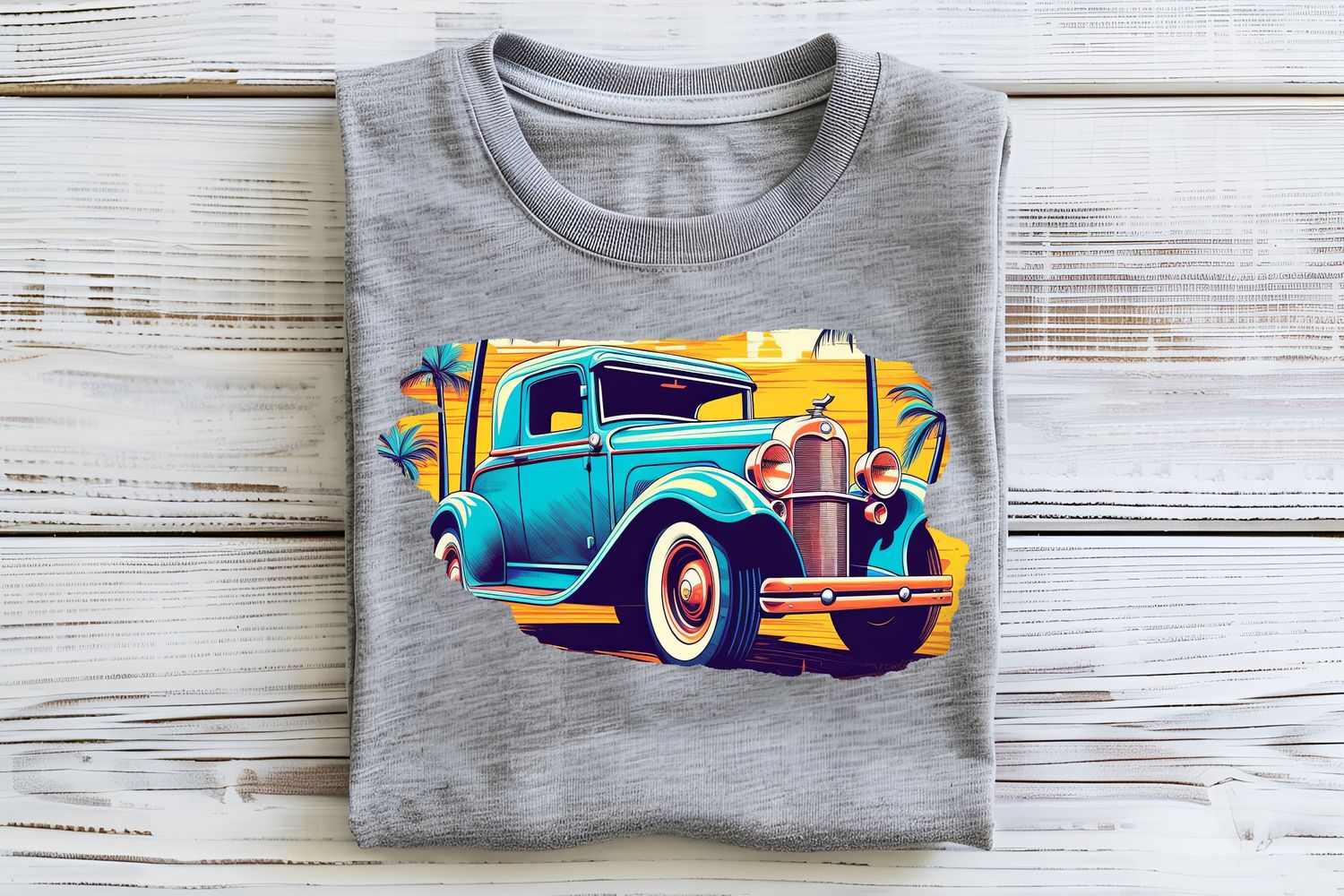 Classic Car With Palms DTF Print