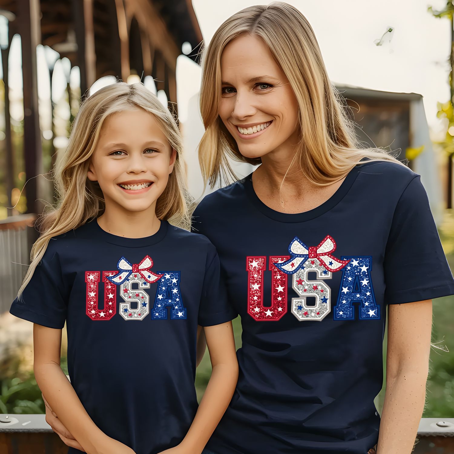 USA Faux Embroidered Glitter Bow DTF Print