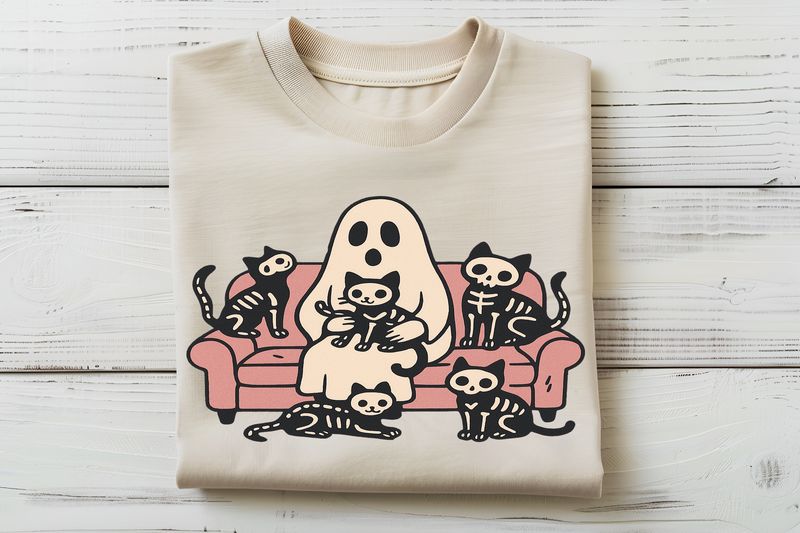 Ghost With Skellie Cats Halloween DTF Print