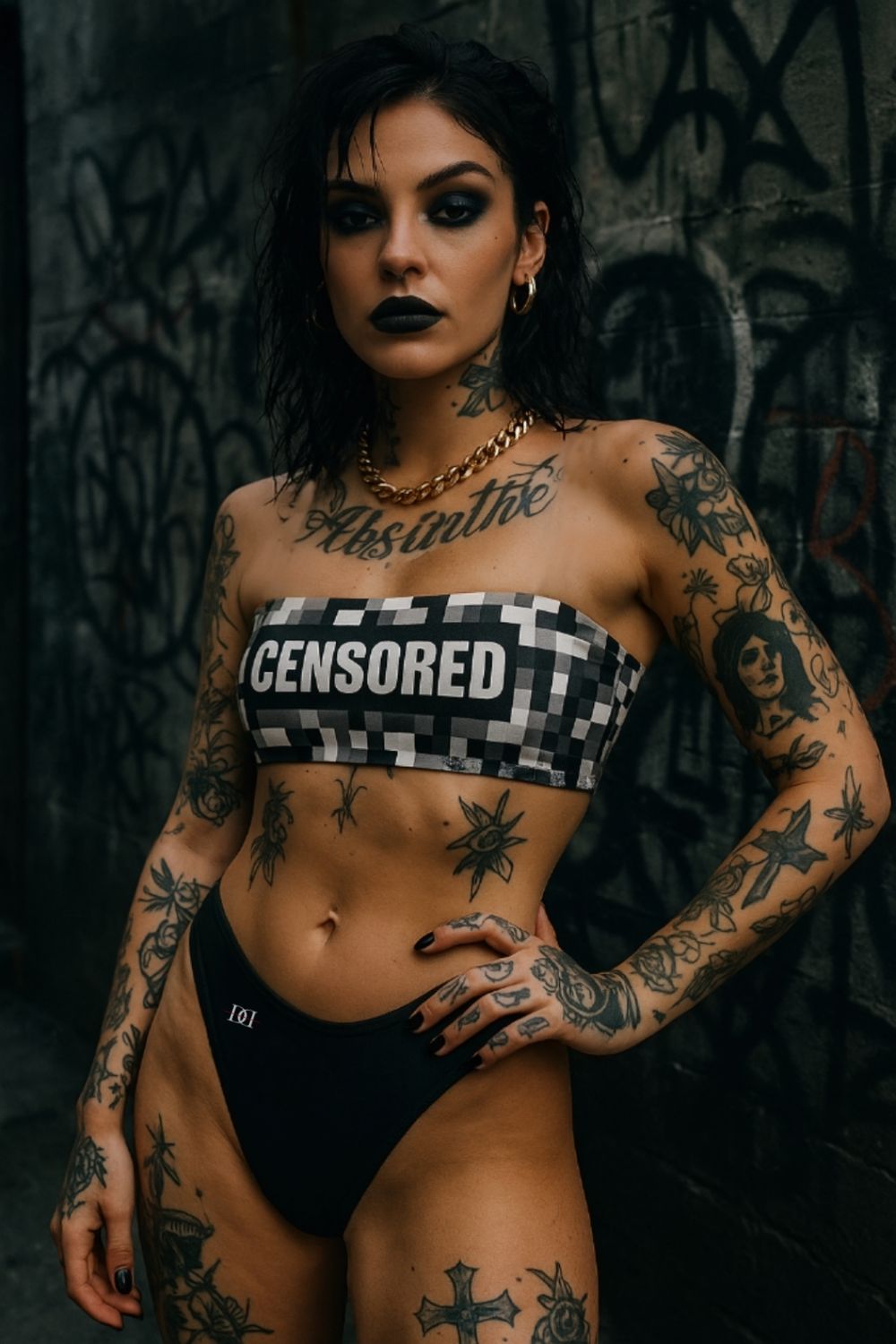 Censored bandeau bikini