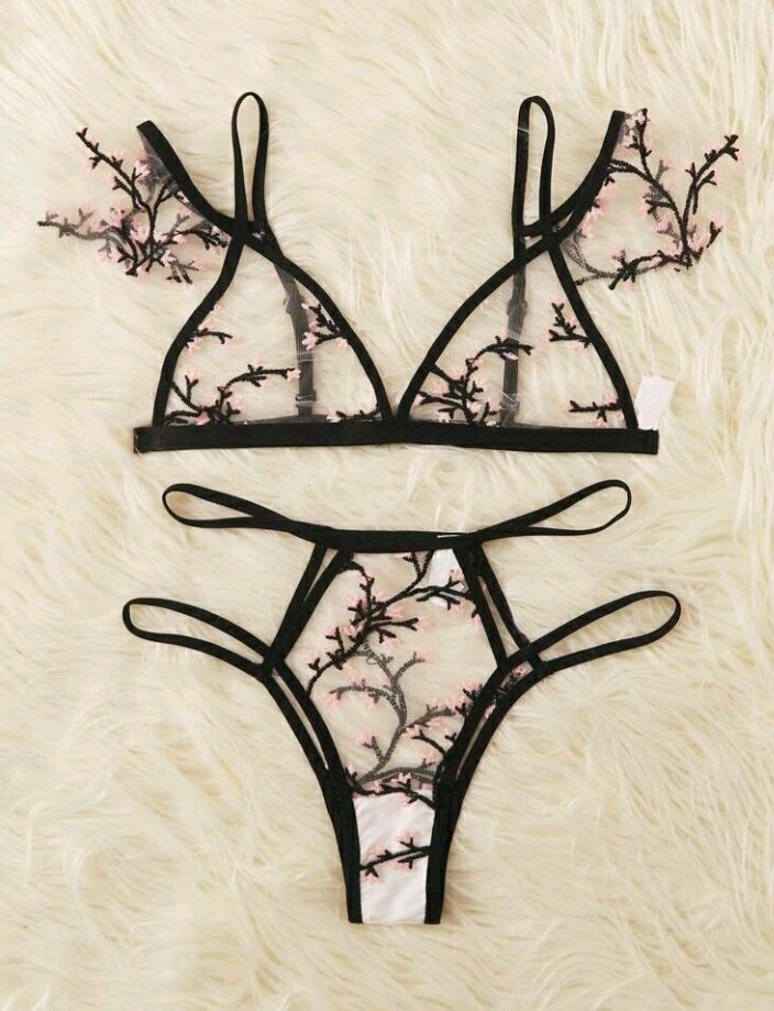 Embroidery Mesh Lingerie Set