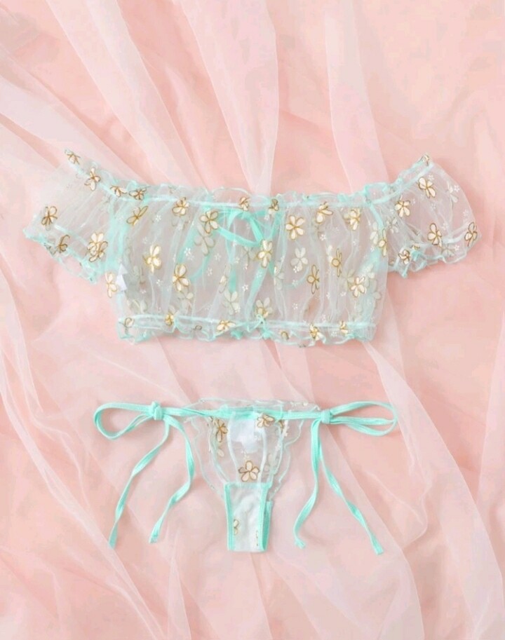 Floral Print Mesh Frill Trim Lingerie Set