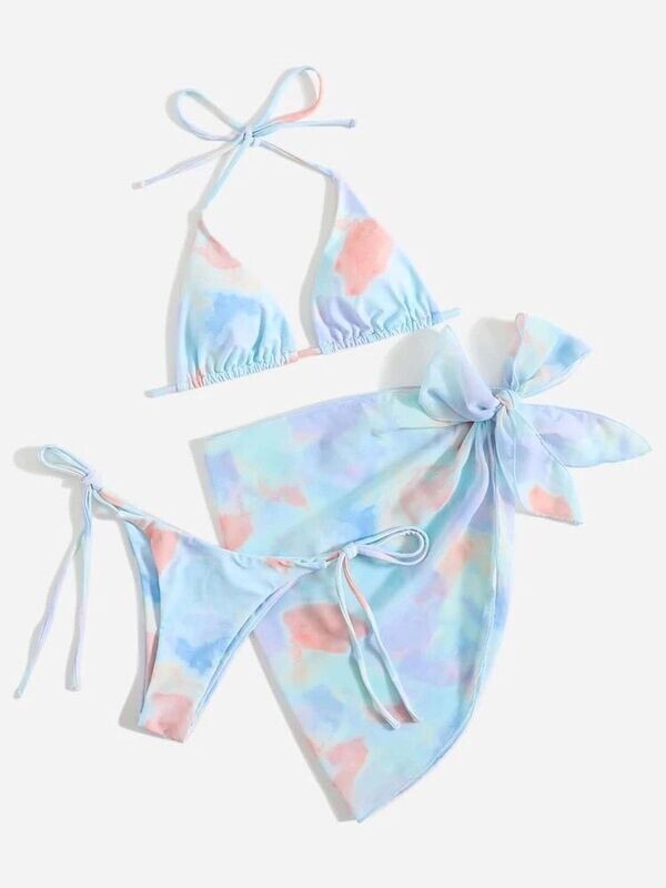 Tie Dye Triangle Bikini Swimsuit Wrap Knot Cover-up Skirt