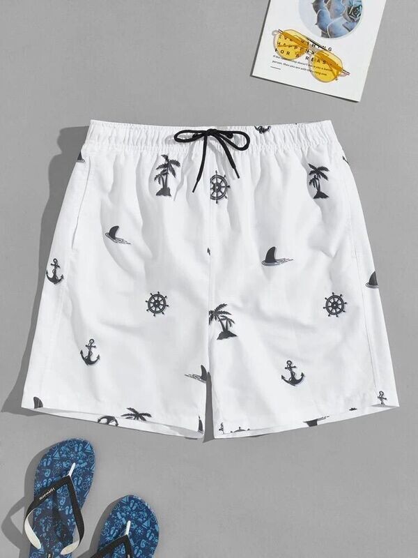 Men Tropical Print Drawstring Waist Swim Trunks