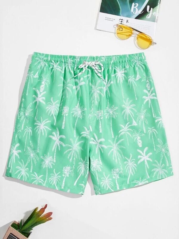 Men Tropical Print Drawstring Waist Swim Trunks