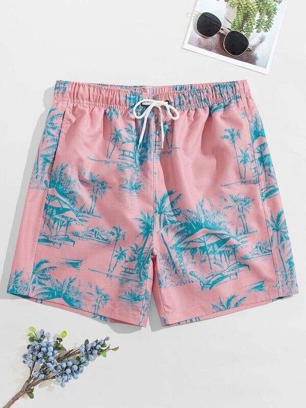 Men Tropical Print Drawstring Waist Swim Trunks