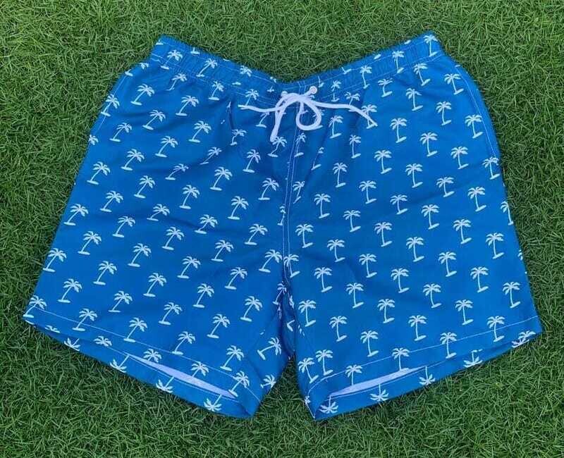 Men Tropical Print Drawstring Waist Swim Trunks